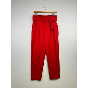 H&M Red Paperbag Waist Belted Pleated Cropped Pants US 6‎
